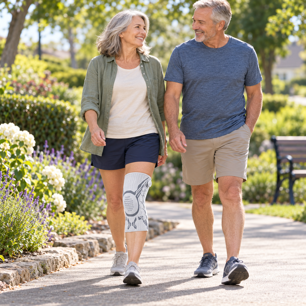 Woman wearing KneeVora on an outdoor walk